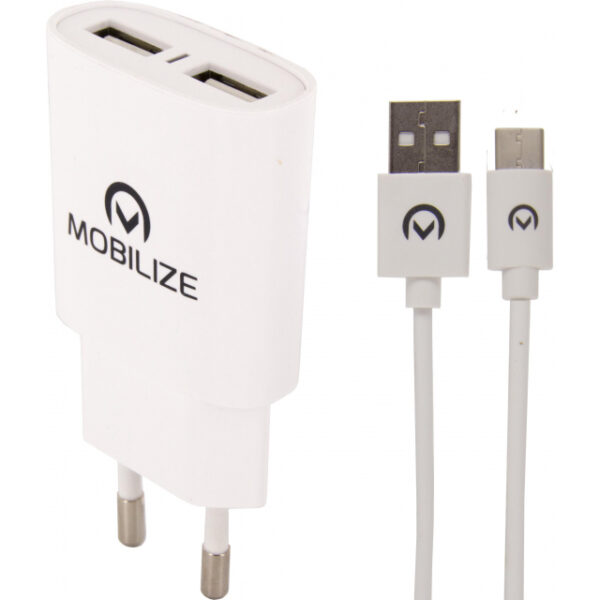 Mobilize Wall Charger 2x USB + USB-C Cable 12W 1m. White