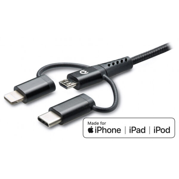 Mobilize Strong Nylon Cable 3in1 USB to Micro USB, USB-C, Apple MFi Lightning 1.5m Black